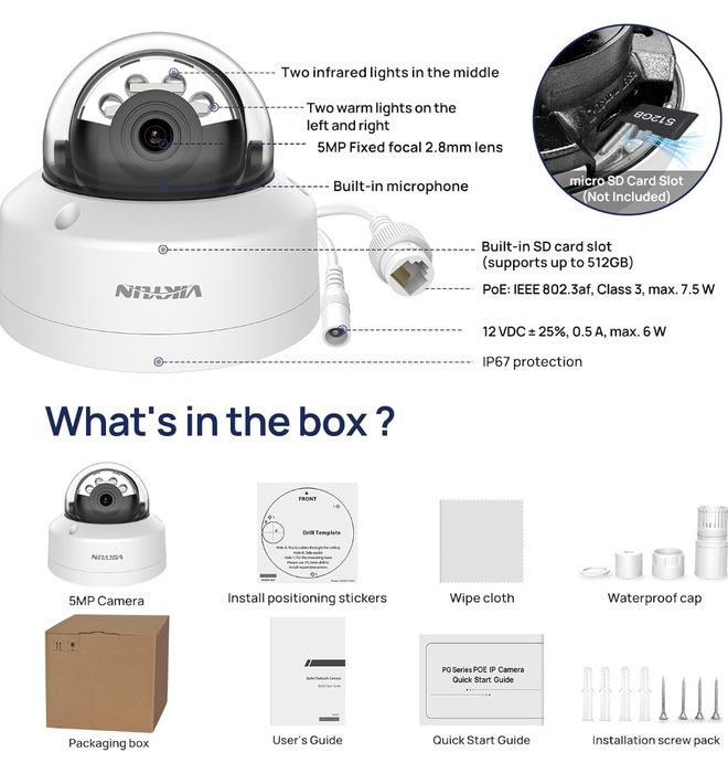Kamera VIKYLIN 5MP VK153F PoE z inteligentnym wykrywaniem ludzi/pojazd