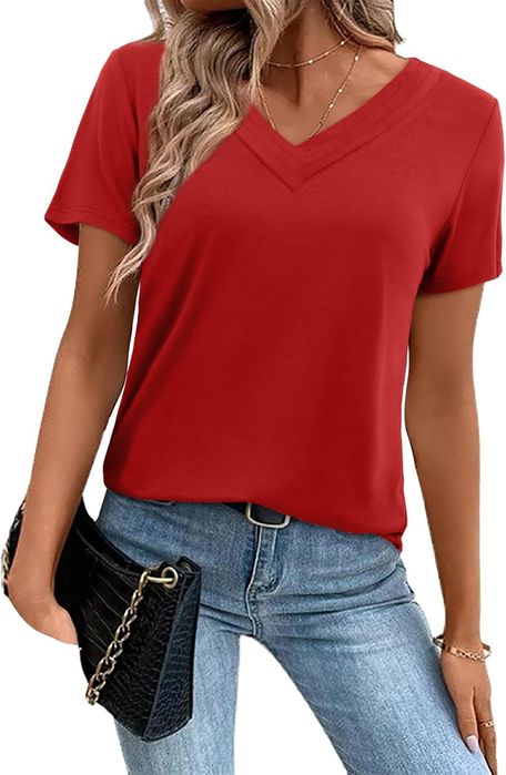 Damska bluzka V-neck z wiskozy, czerwona, rozmiar S