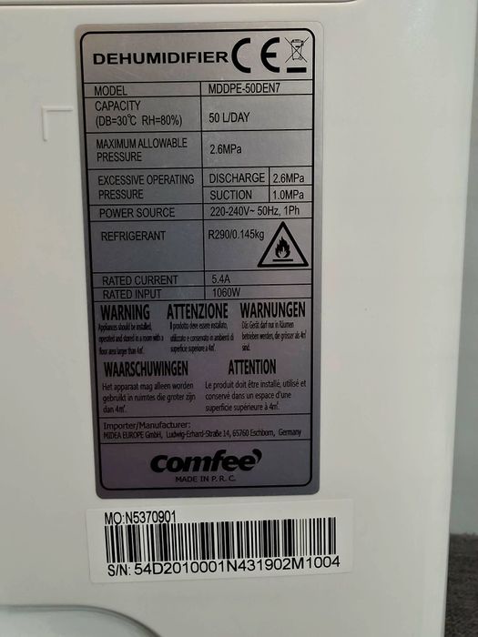 Osuszacz powietrza Comfee Model MDDPE-50DEN7 50 litrów na dzień 116m2/250m3