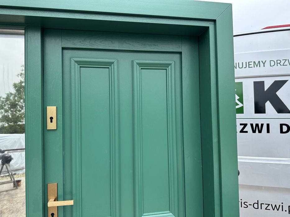 Drzwi wejściowe zewnętrzne drewniane Z doświetlem zielone Na wymiar