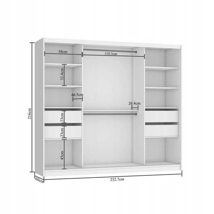 Szafa przesuwna z lustrem SZUFLADY 232 cm