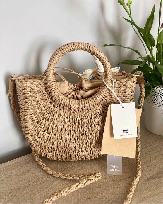 Modna Torebka Koszyk na Ramię z Apaszką Kwiaty Boho