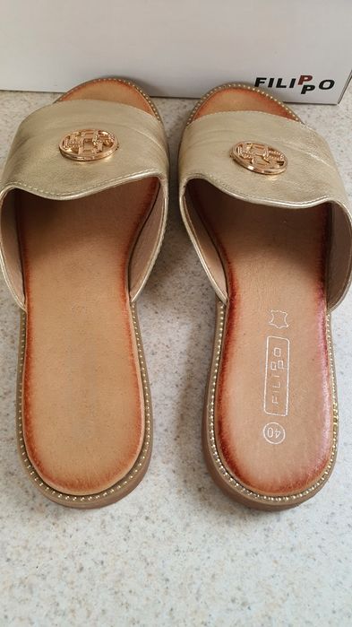 Złote klapki 40, Filippo, skóra