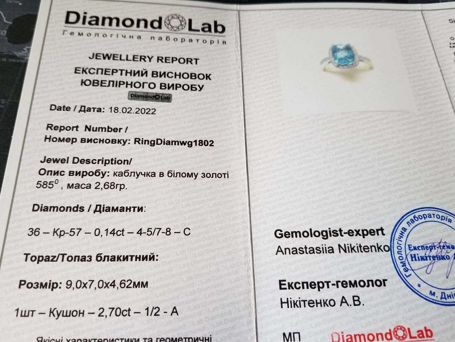 Золотое кольцо 585 проба Бриллианты Топаз Размер 17.25 Сертификат