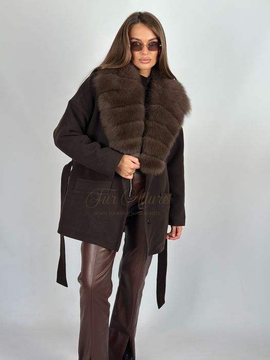 Жіноче кашемірове шоколадне пальто з натуральним хутро песця,42-56р