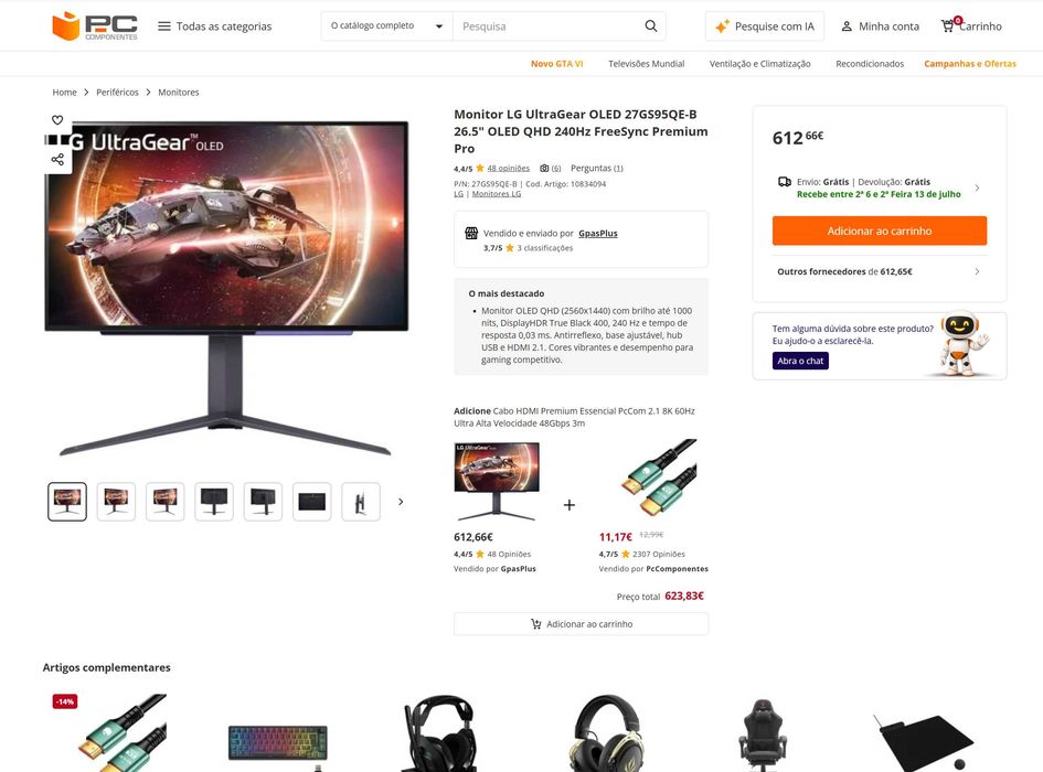 Monitor Gaming LG UltraGear OLED 27GS95QE-B 26.5" OLED QHD 240Hz 0,003ms