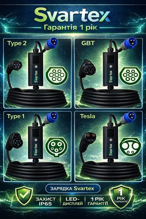 Зарядкий пристрій Svartex 32A 7kw Type 1/Type 2/Gbt/Tesla Гарантія 1р