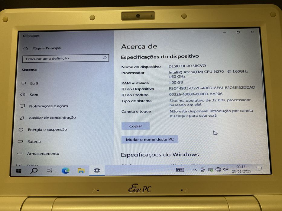 Asus Eee 1000H com windows 10 home branco perola
