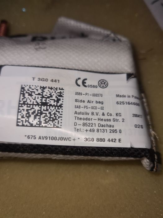 Poduszka bezpieczeństwa fotela nowa tyl tylna prawa VW Passat B8