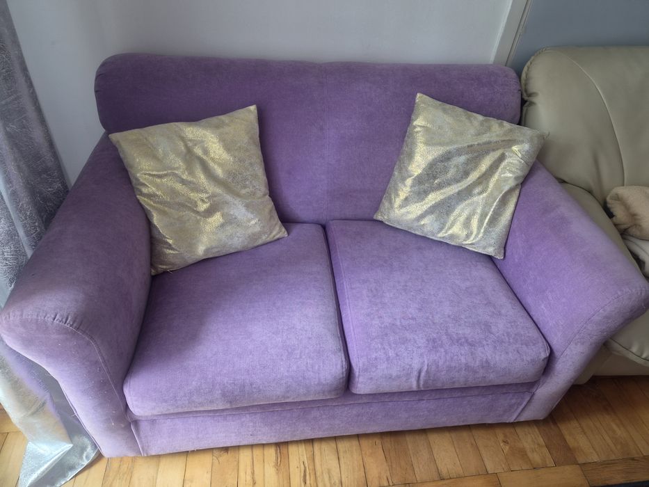 Sofa  PRL " amerykanka",nowa tapicerka, rozkładana, liliowa!