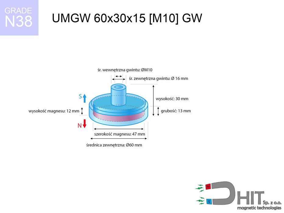 UMGW 60x30x15 [M10] GW [N38] to silny magnetyczny uchwyt gwint 1 szt.