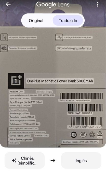 Powerbank Magnético 5000mAH para OnePlus