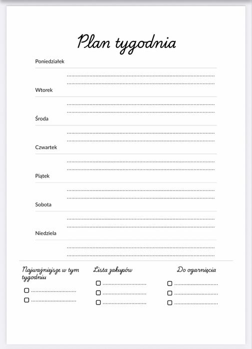 Planer tygodniowy PDF + lista zakupów + sprzątanie