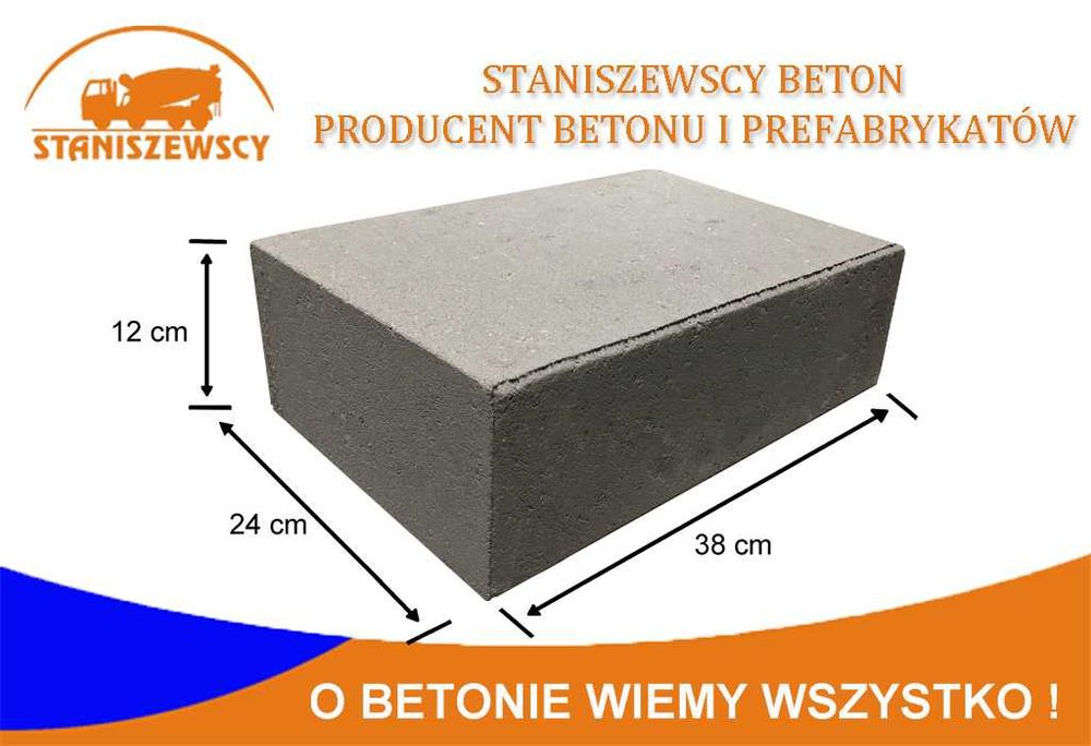 Bloczek betonowy o wymiarach: 38 x 24 x 12 cm oraz 38 x 24 x 14 cm i klasach wytrzymałości C15, C20, C25