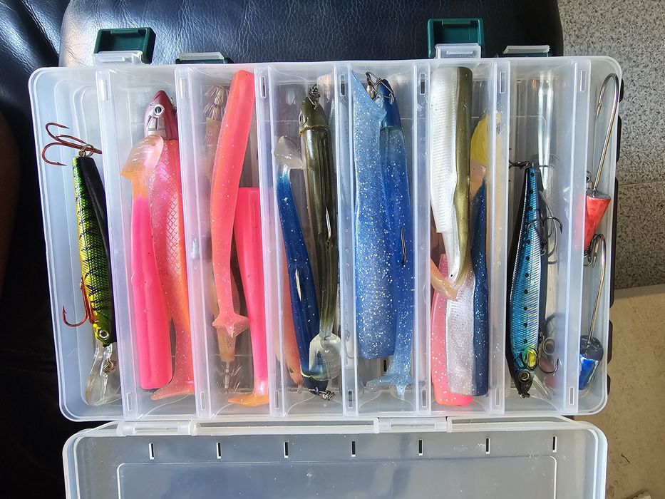 Kit de pesca com caixa NBS + amostras rigidas, vinis e palhaços