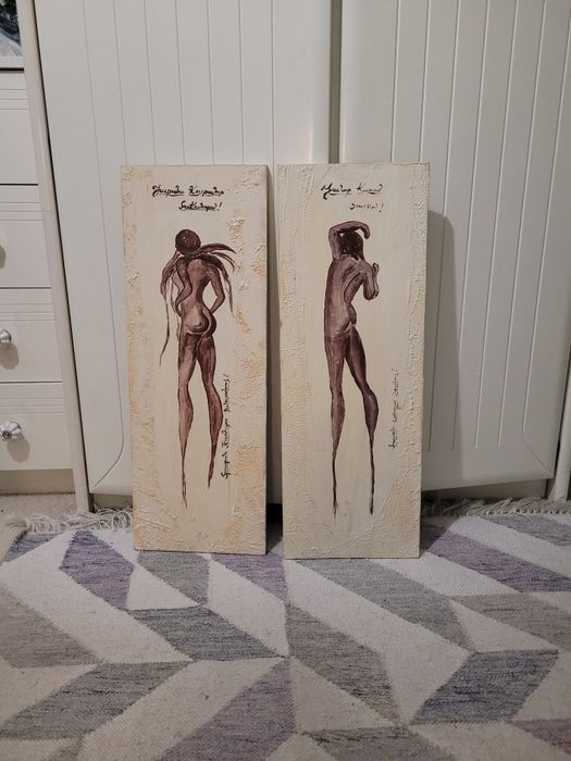 2 obrazy postacie akty na sklejce dekoracja