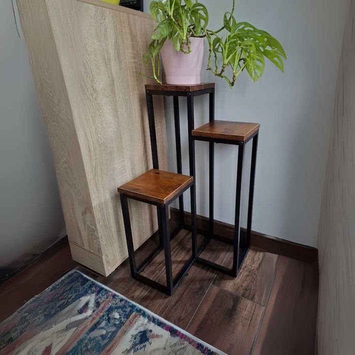 KWIETNIK METALOWY LOFT 67 cm Czarny Postarzany Dąb STOJAK Na Kwiaty