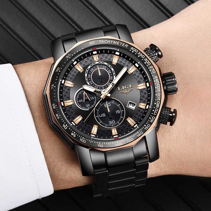 Relógio Luxo Masculino LIGE bracelete metal preto (Novo)