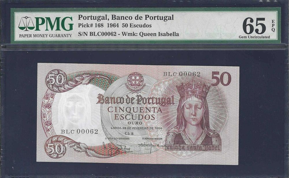 Nota NOVA de 50 Escudos 1964 Certificada PMG 65 EPQ - nr série baixo!