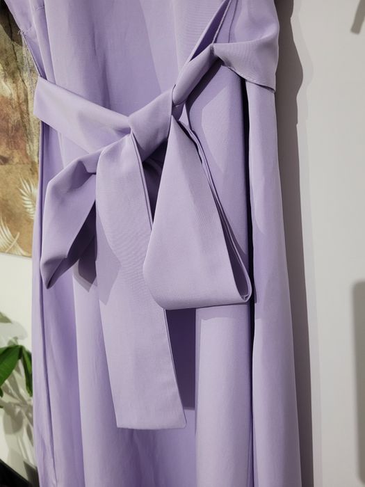 Długa liliowa sukienka retro boho vintage rural style szerokie rękawy