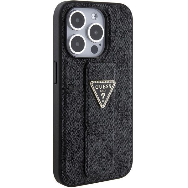 Etui Guess Grip Stand 4G Triangle Strass na iPhone 15 Pro - czarne