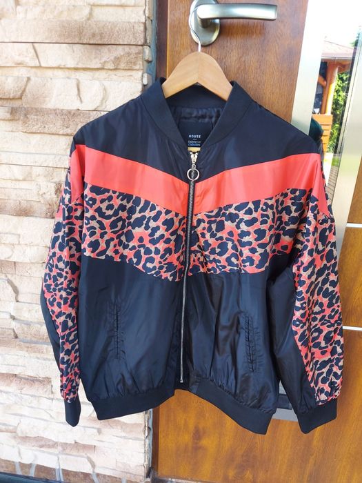 Kurtka bomber oversize M L czarna łososiowa/koralowa z panterką bomber