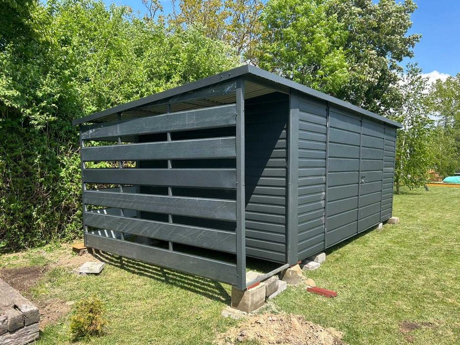 Garaż Schowek Ogrodowy 5×3 + 1×3 wiata Panelowa ciemny grafit MAT