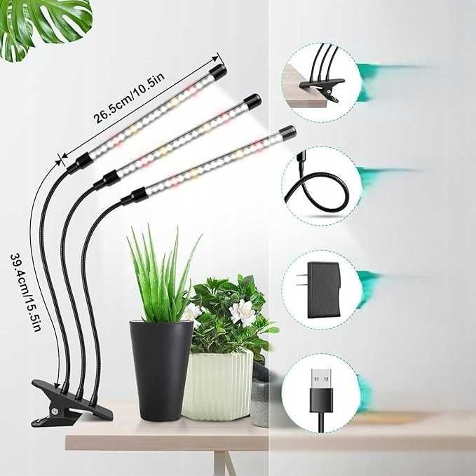 Duża Lampa Klips Wolezek Grow 3 Głowice LED Pilot Uprawa Roślin