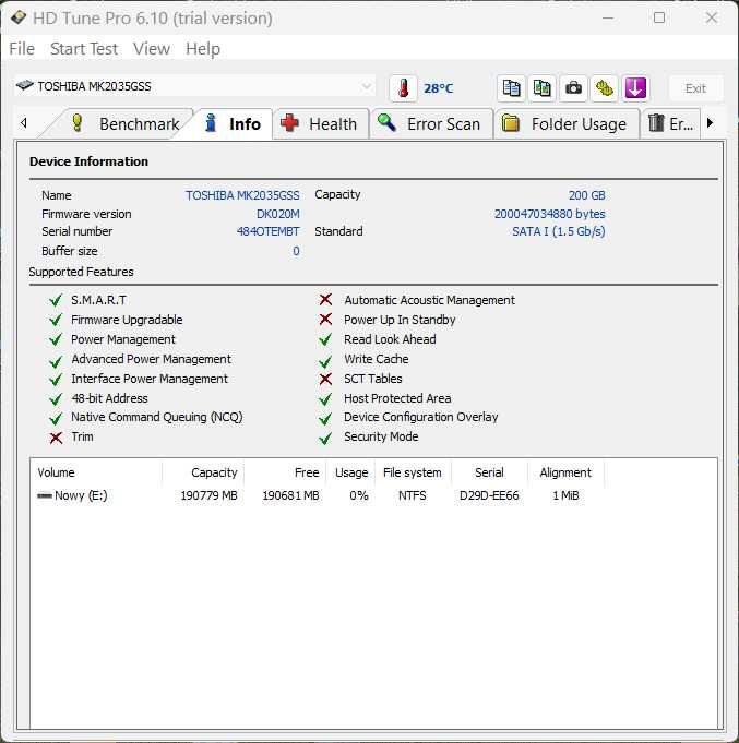 Dysk Toshiba MK2035GSS (HDD, 186 GB, 2,5", SATA)