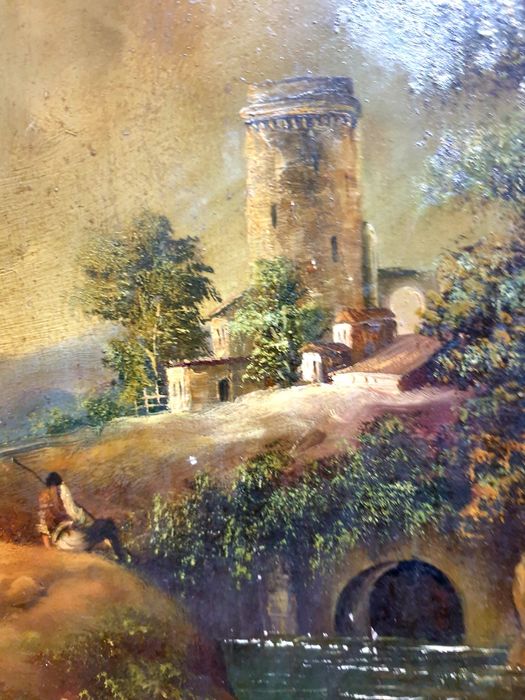 paisagem romântica - pintura em óleo com moldura dourada