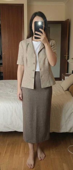 Short-Sleeve Beige Blazer with Stripes – Size 42 – Ideal for Spring/Summer!