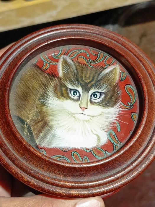 Caixa Madeira exótica Vidro pintado interior Centenária 10,5 cm