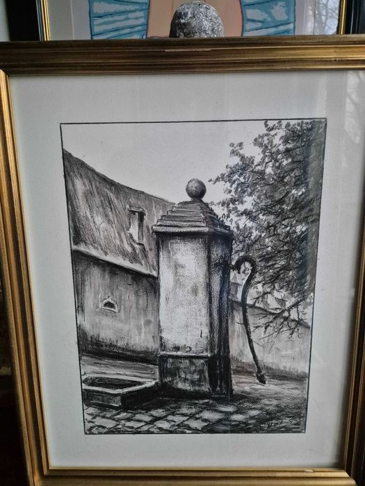 Obraz rysunek pejzaż węgiel ołówek sygnowany Francja studnia antyk