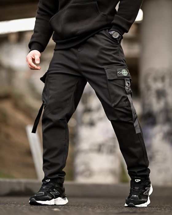 Зимові штани джогери для чоловіків чорний колір з карманами stone blac