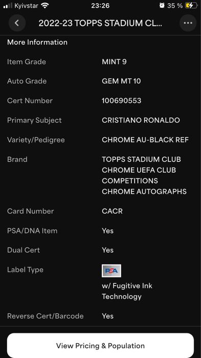 Карточка Topps с автографом Cristiano Ronaldo