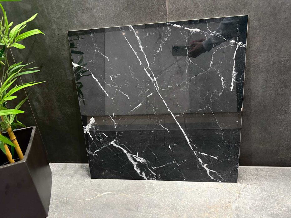 Gres 60x60 czarny marmur polerowany SREBRNA ŻYŁKA | Wysoki połysk