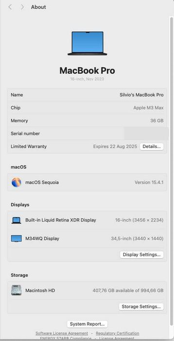 MacBook Pro M3 Max 16" with 14-core CPU and 30-core GPU – 36GB – 1TB SSD64284416439810124