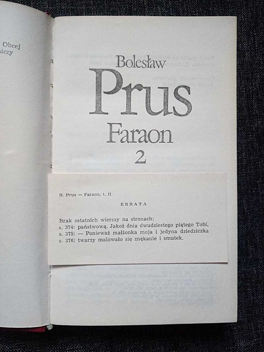 B. Prus "Faraon" Tom I II ERRATA 1974r