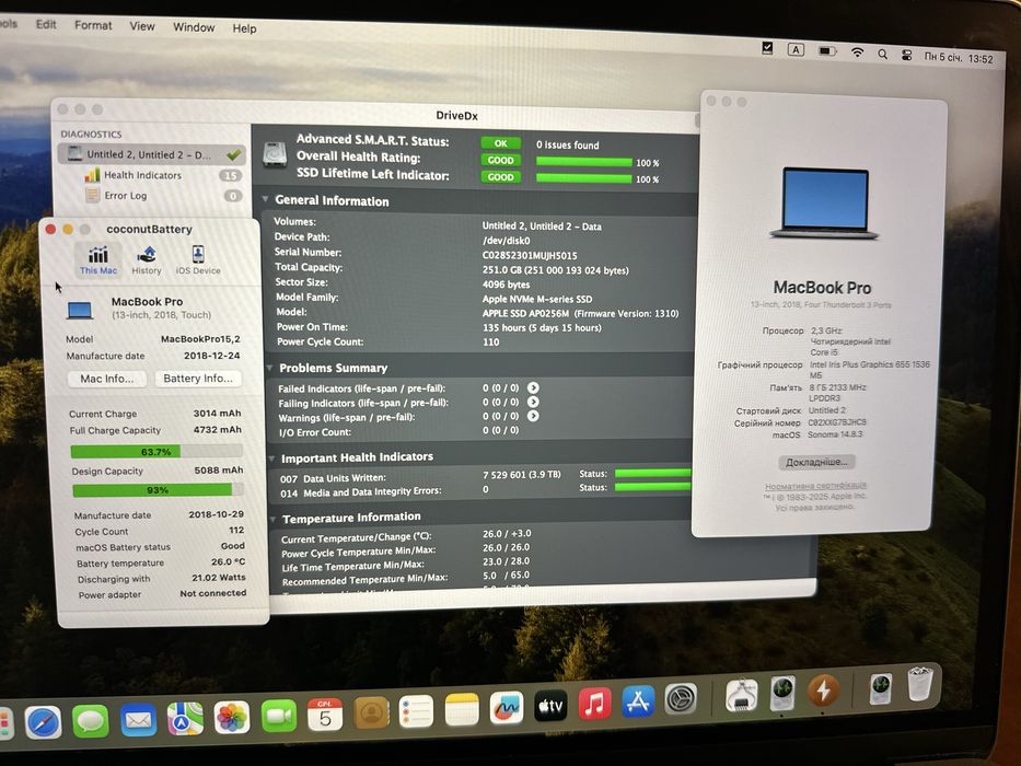 MacBook Pro 2018 13, 8/256, 112 циклів — стан нового macbook