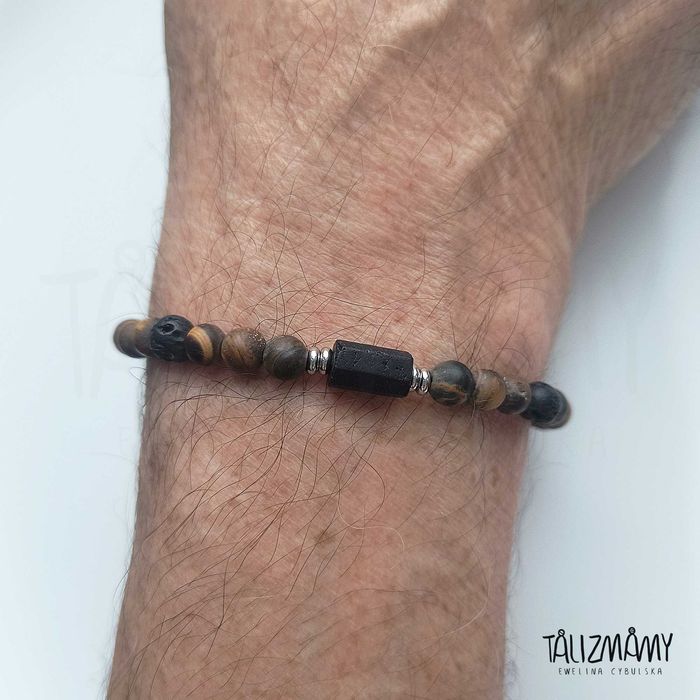 Bransoletka męska handmade kamienie naturalne turmalin tygrysie oko