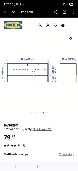 Nowa Szafka pod TV, biały, 90x35x40 cm BAGGEBO