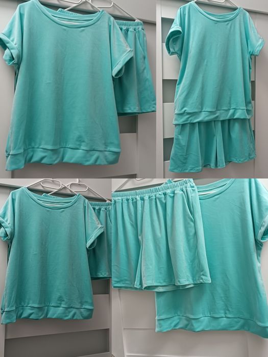 Dres uni na S M L xl komplet welur na lato krótki lazur pastelowy
