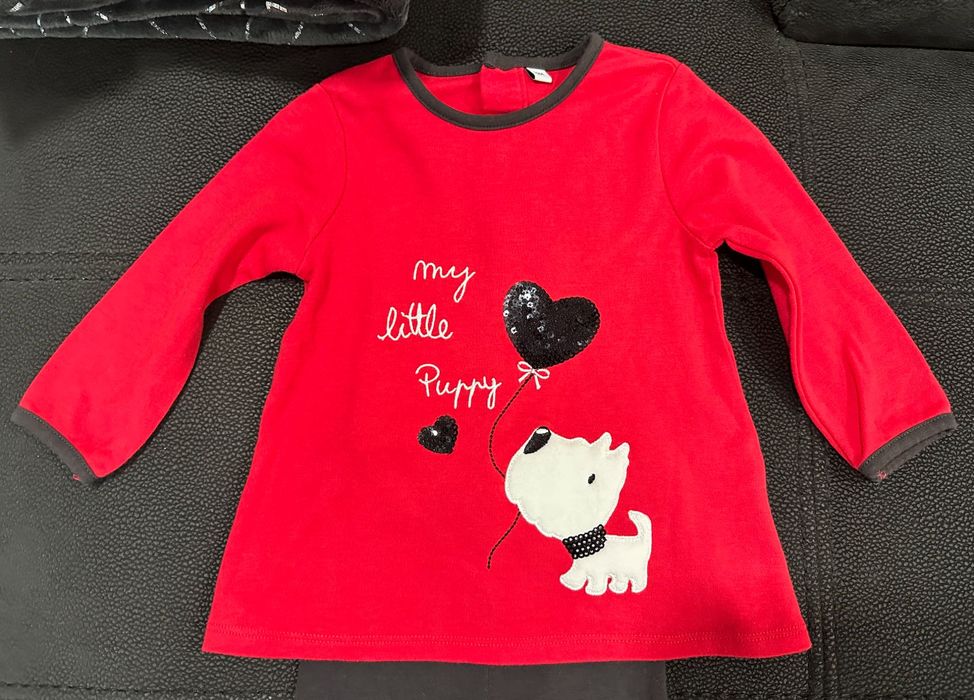 Camisola Vermelha Puppy + Calças/Leggings (12 M)