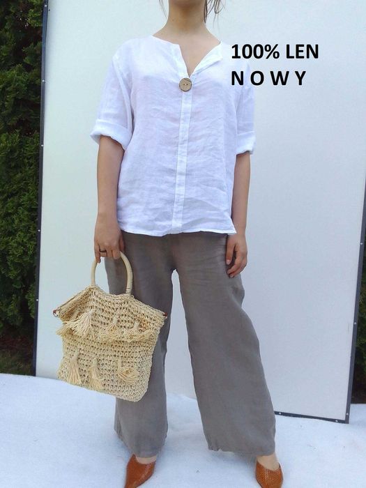 Lniany komplet szerokie spodnie koszula 100% len puro lino S M L uniwe
