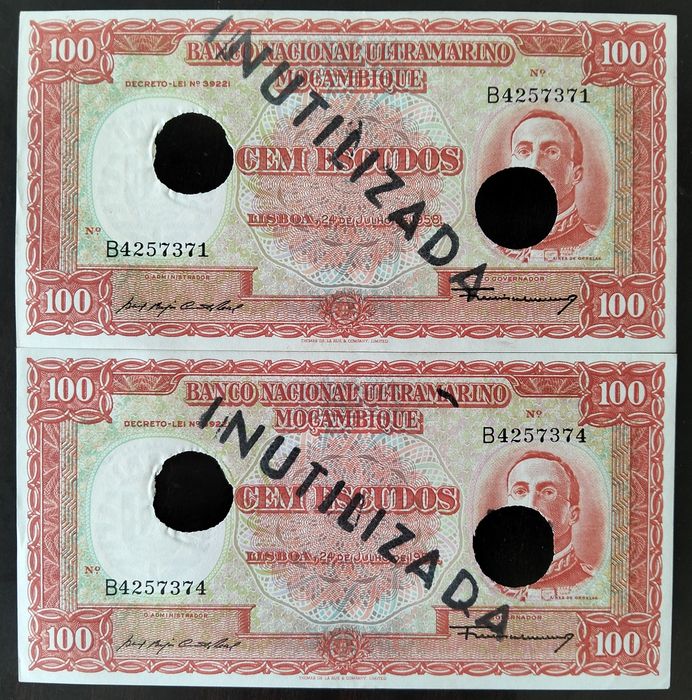 Lote 2 Notas 100$ 1958 Moçambique Estado Novas C/Numeração Aproximada Raras