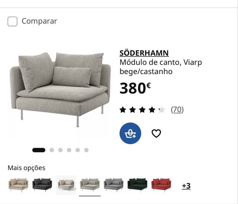 Sofá IKEA SÖDERHAMN com chaise longue/poisa pés – Excelente estado | USB C+A + Tomada Integrada