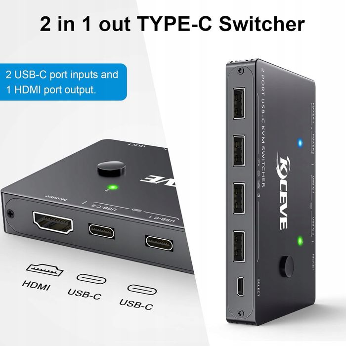 Przełącznik KVM USB-C dla 2 komputerów, KVM typu C KCEVE, obsługa 4K