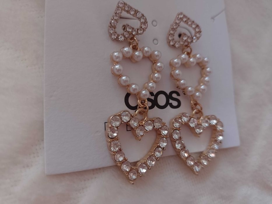 ASOS/ Długie, Bogato zdobione kolczyki, serca, perły, NOWE
