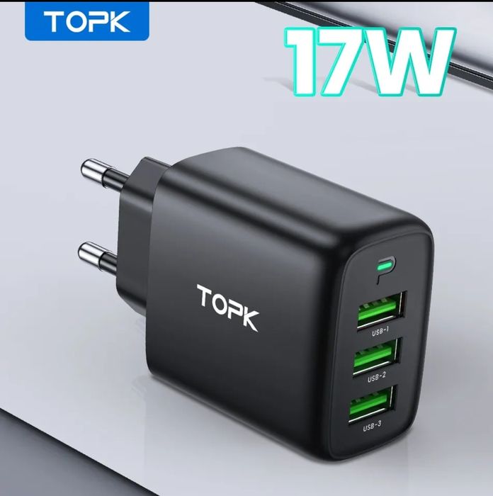 Зарядний блок живлення 5v/3,4A TOPK на 3 USB  новий оригінал 17W