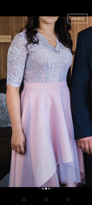 Sukienka pudrowy róż z dłuższym tiulowym tyłem z ogonem maxi 38 M
